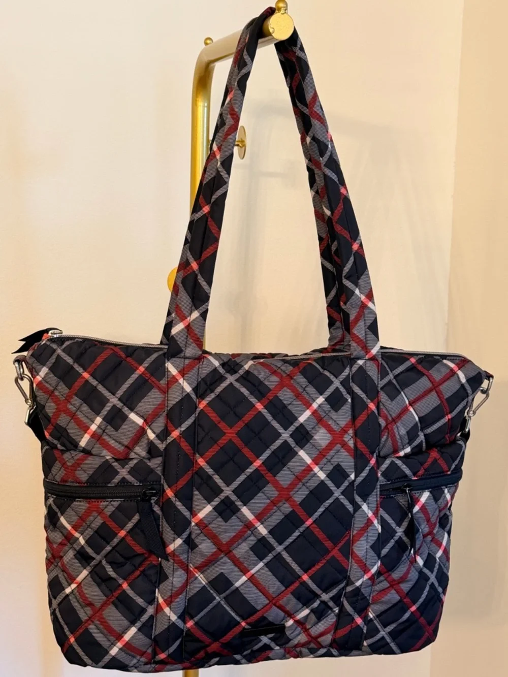 Vera Bradley Quilted Plaid Diaper Tote Bag - Black, Red & White Crossbody - Picture 2 of 13